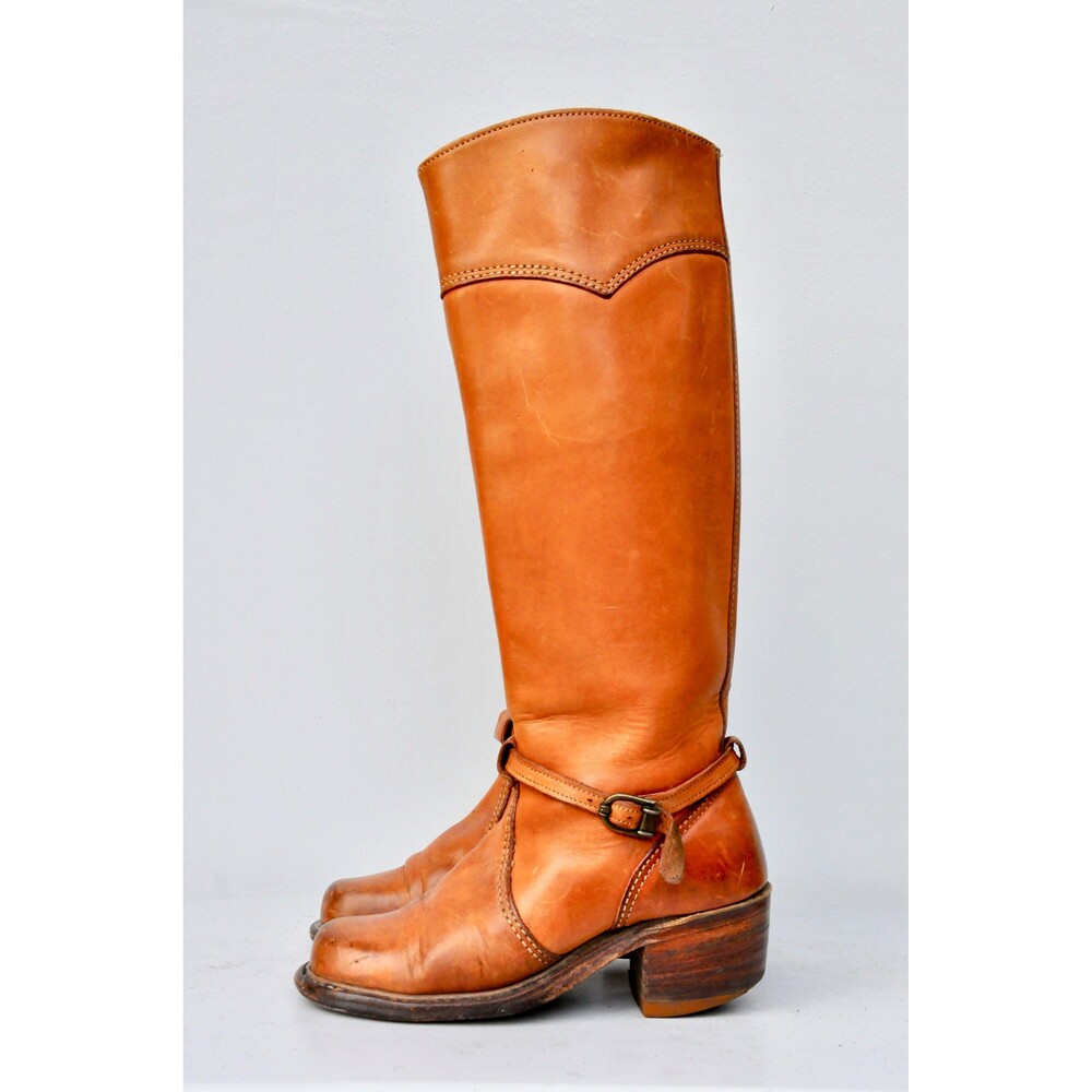 Vintage 70s Leather Tall Distressed Boots - Campus Stacked Heel US 5 - 5.5 - Picture 3 of 10
